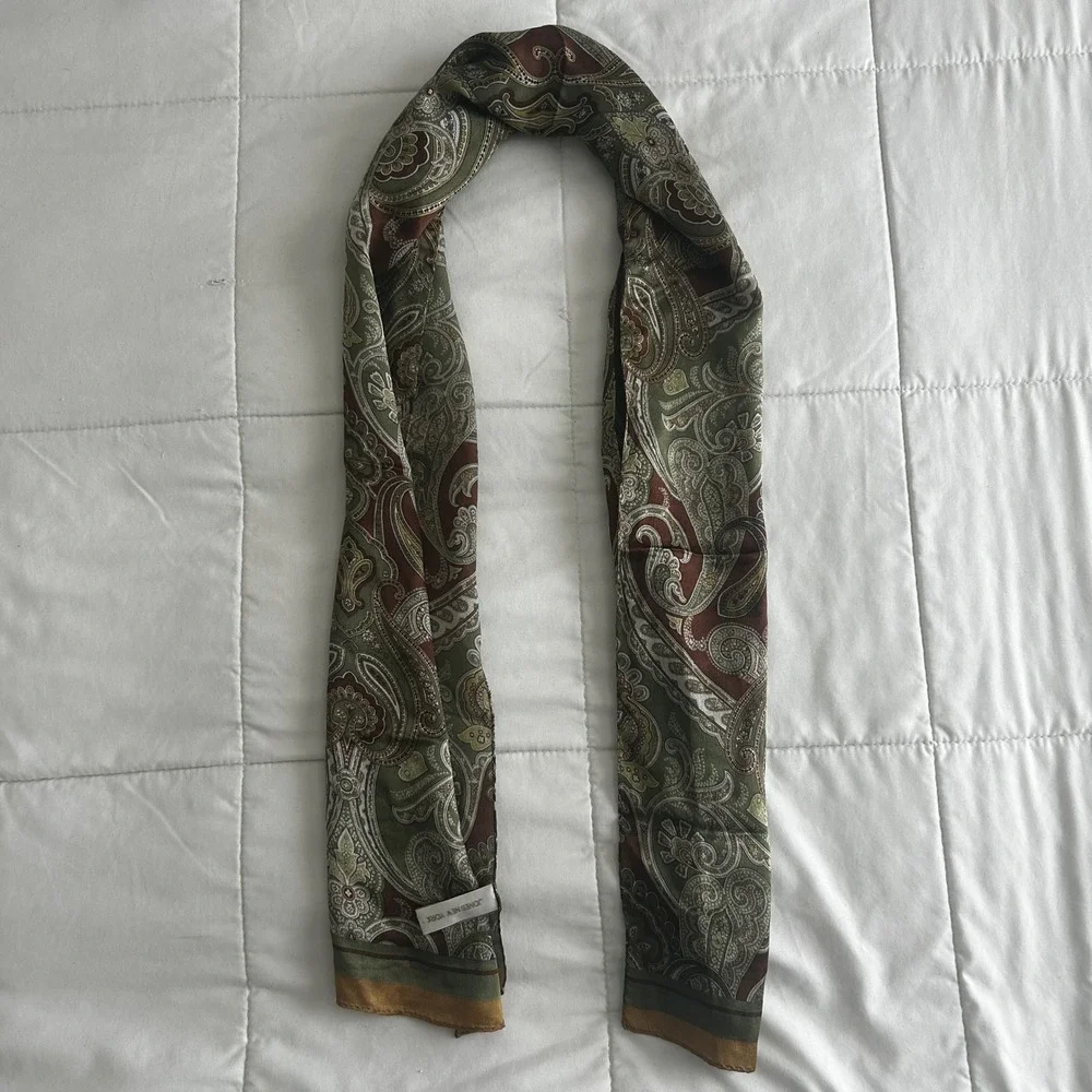 Jones New York Silk Scarf Green Brown Paisley Print Old Money Heritage 52x10